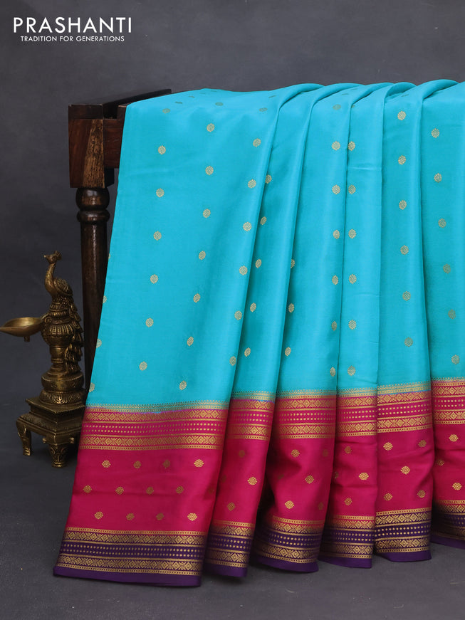 Pure mysore silk saree light blue and pink violet with zari woven buttas and zari woven border