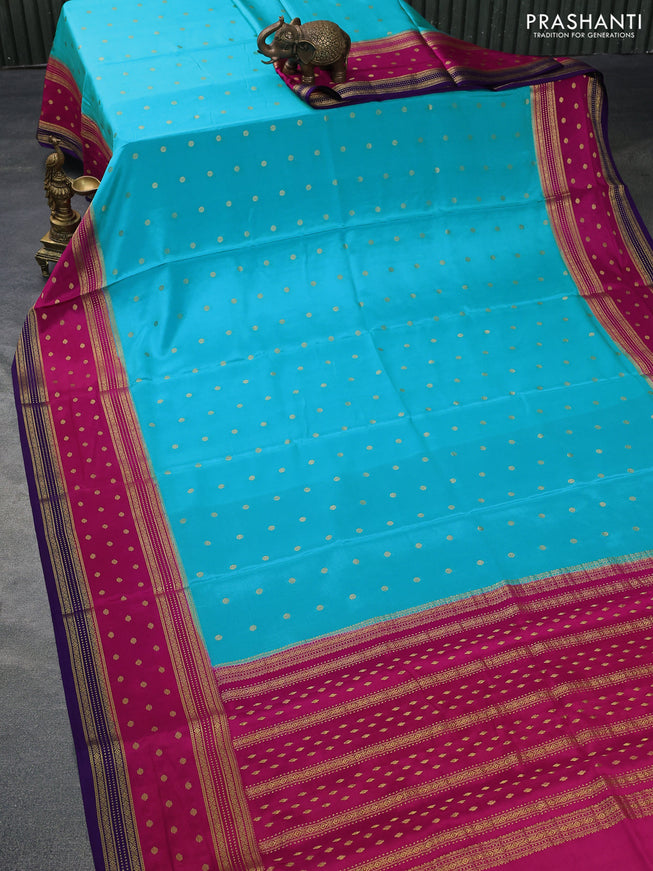 Pure mysore silk saree light blue and pink violet with zari woven buttas and zari woven border