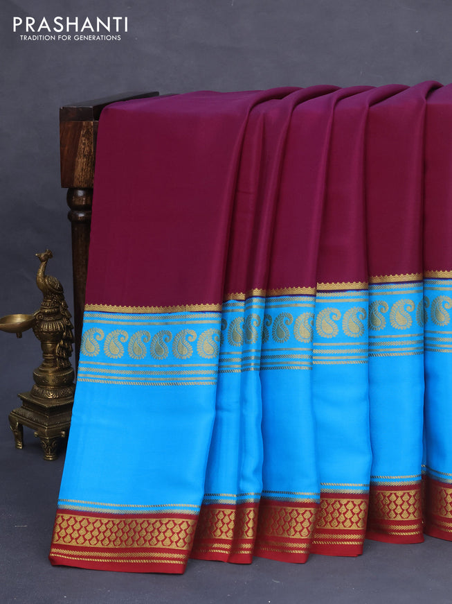 Pure mysore silk saree purple and light blue with plain body and long rettapet zari woven border