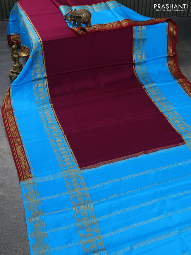 Pure mysore silk saree purple and light blue with plain body and long rettapet zari woven border