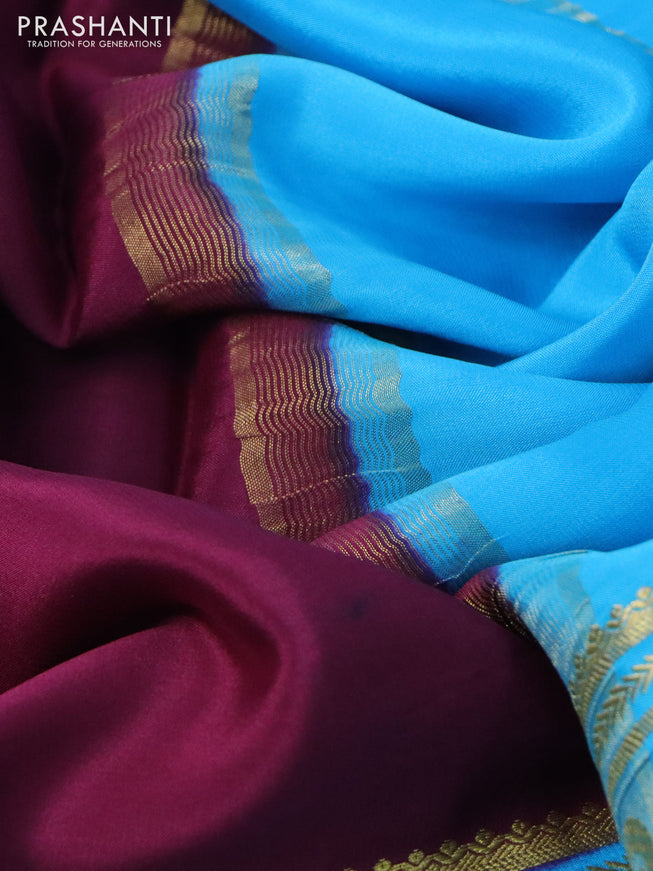 Pure mysore silk saree purple and light blue with plain body and long rettapet zari woven border