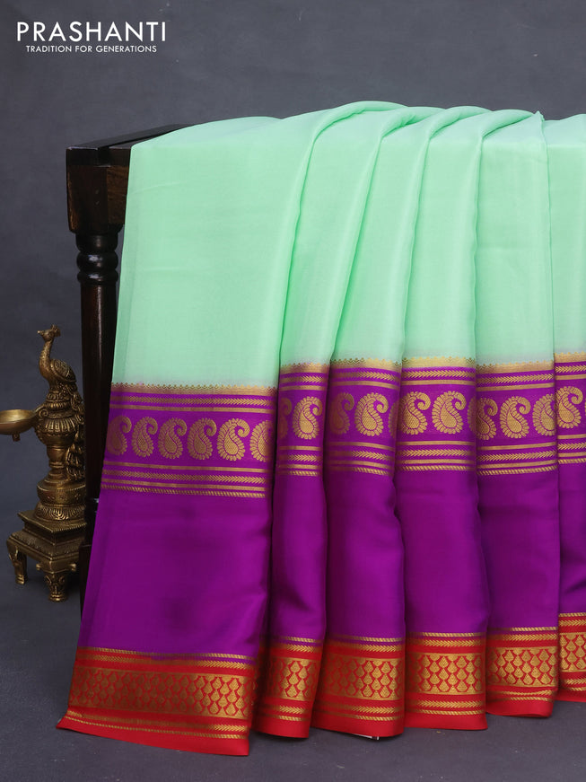 Pure mysore silk saree pastel green and purple with plain body and long rettapet zari woven border