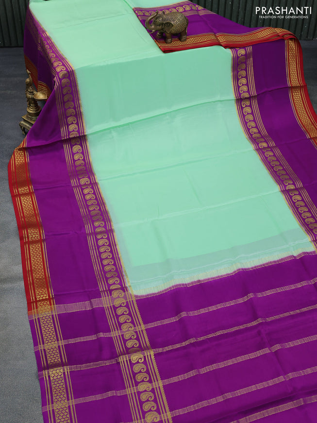 Pure mysore silk saree pastel green and purple with plain body and long rettapet zari woven border