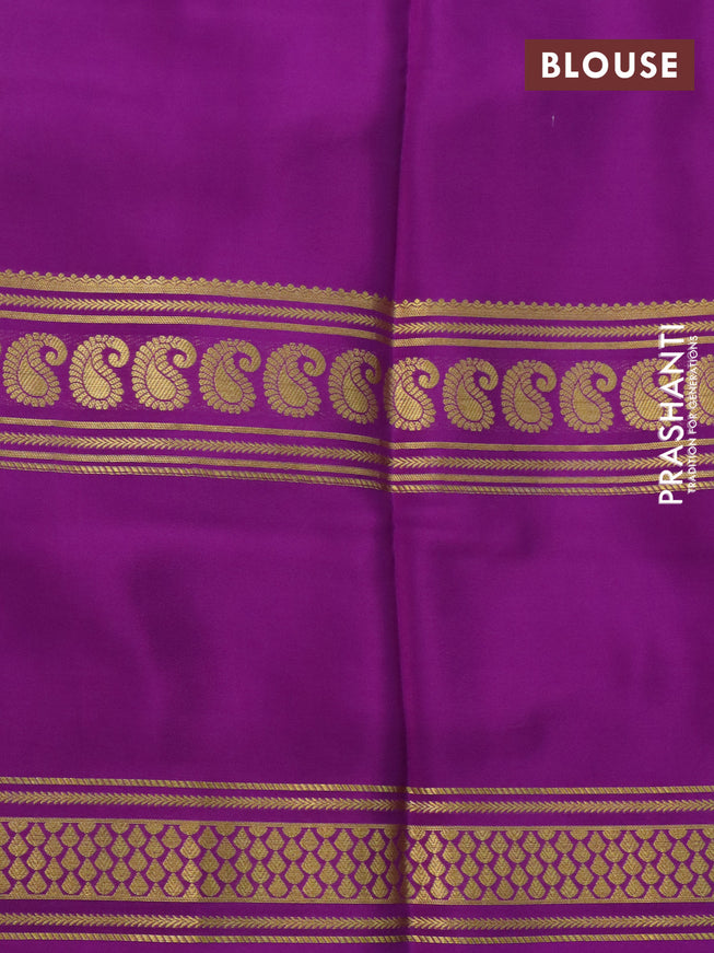 Pure mysore silk saree pastel green and purple with plain body and long rettapet zari woven border