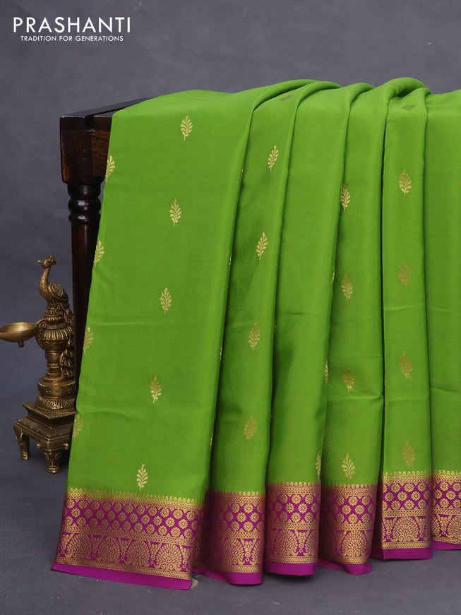 Pure mysore silk saree mehendi green and purple with zari woven buttas and zari woven border