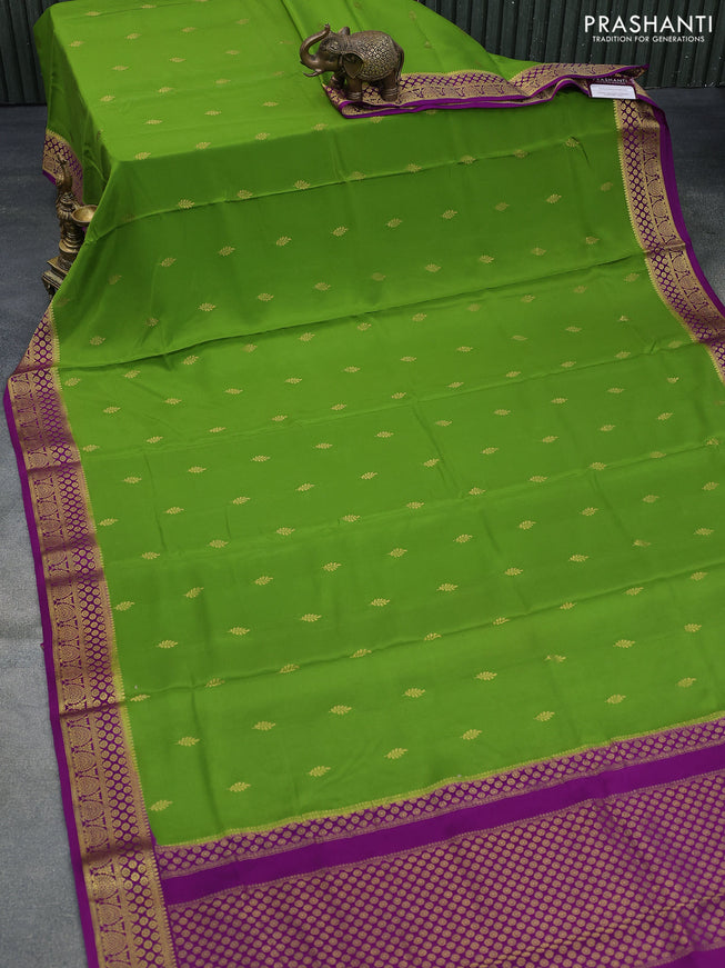 Pure mysore silk saree mehendi green and purple with zari woven buttas and zari woven border