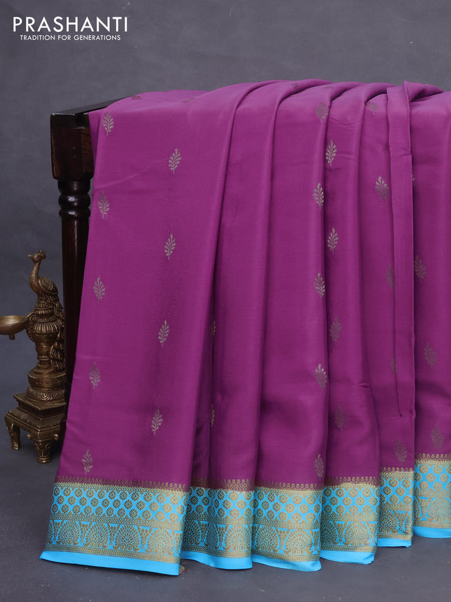 Pure mysore silk saree purple and light blue with zari woven buttas and zari woven border