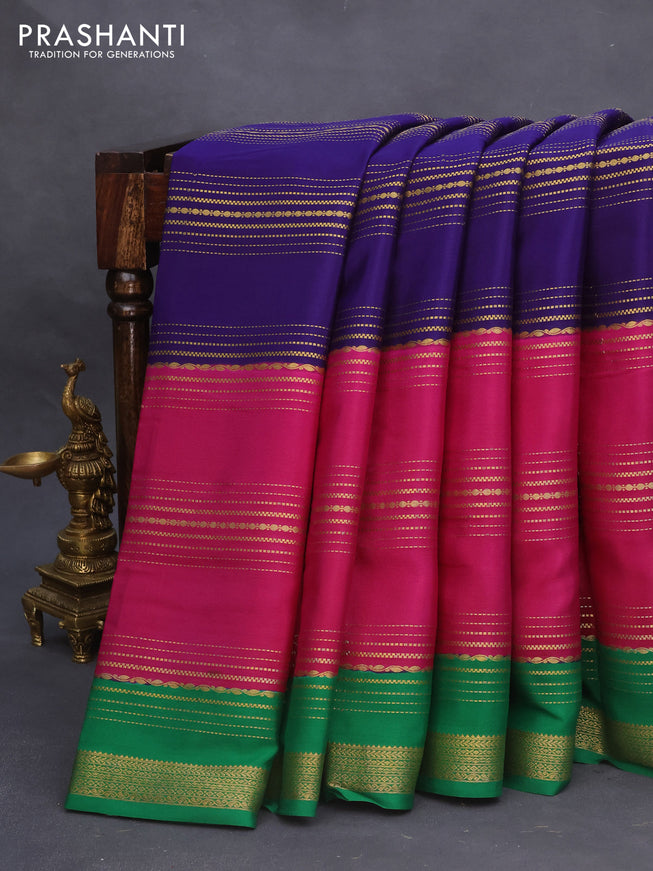 Pure mysore silk saree violet and magenta pink green with allover zari stripe weaves and zari woven border