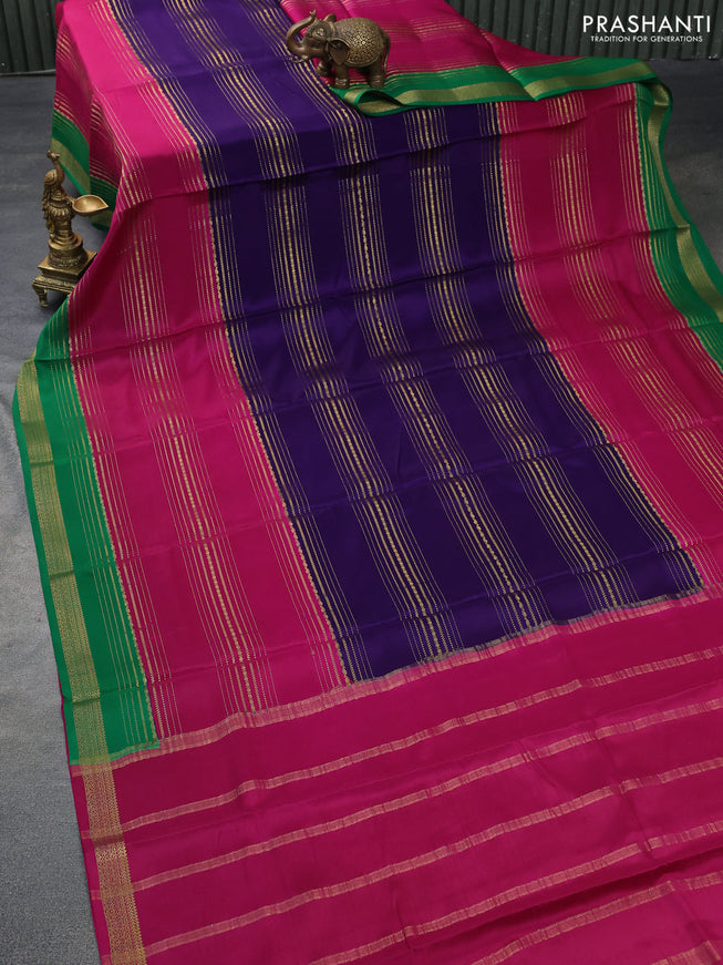 Pure mysore silk saree violet and magenta pink green with allover zari stripe weaves and zari woven border