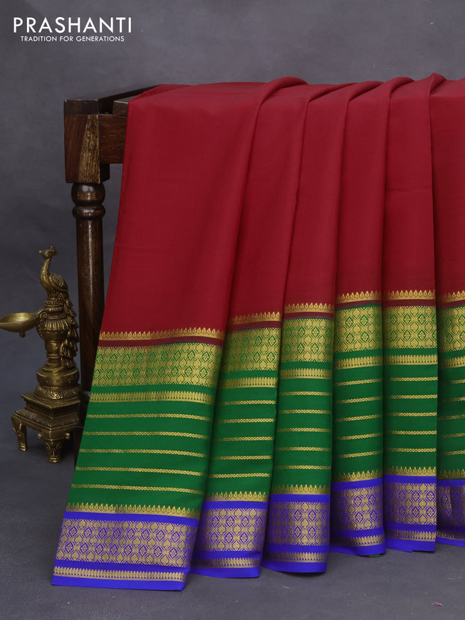 Pure mysore silk saree maroon and green blue with plain body and long zari woven border