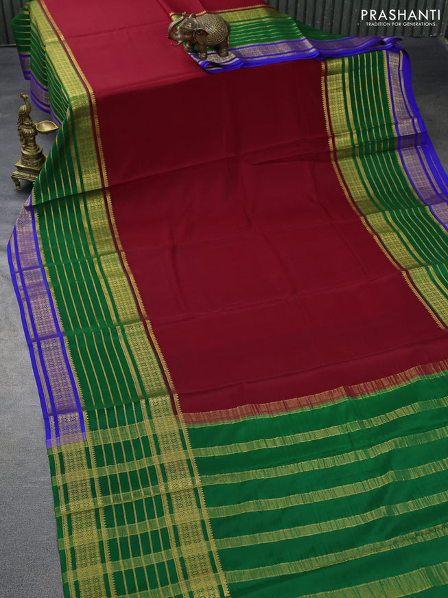 Pure mysore silk saree maroon and green blue with plain body and long zari woven border