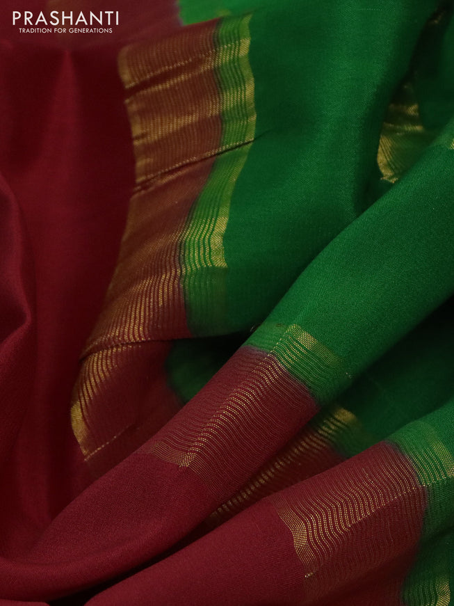 Pure mysore silk saree maroon and green blue with plain body and long zari woven border