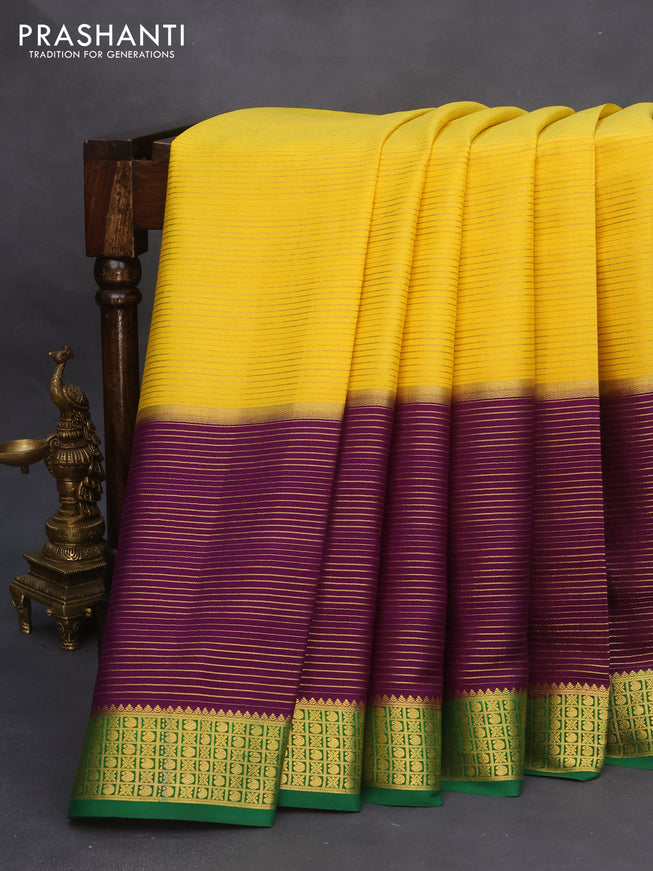 Pure mysore silk saree yellow and violet with allover zari stripe weaves and long zari woven border