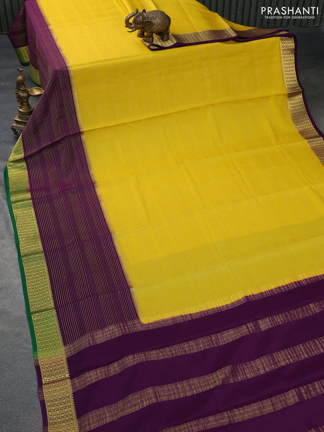 Pure mysore silk saree yellow and violet with allover zari stripe weaves and long zari woven border