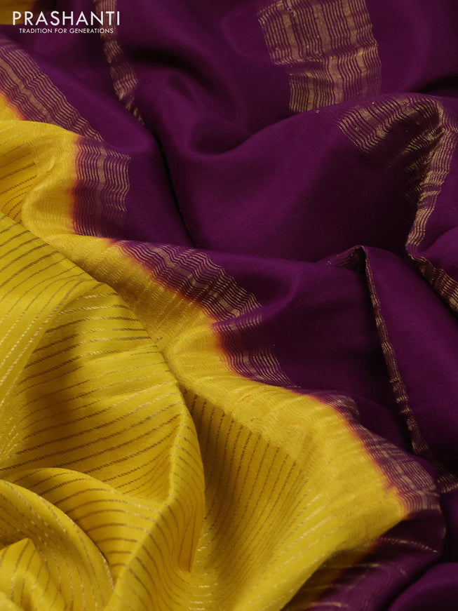 Pure mysore silk saree yellow and violet with allover zari stripe weaves and long zari woven border