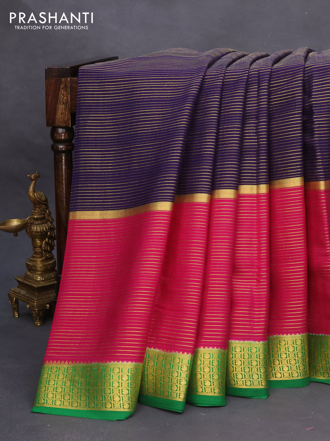 Pure mysore silk saree deep violet and magenta pink green with allover zari stripe weaves and long zari woven border