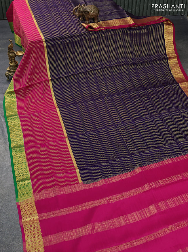 Pure mysore silk saree deep violet and magenta pink green with allover zari stripe weaves and long zari woven border