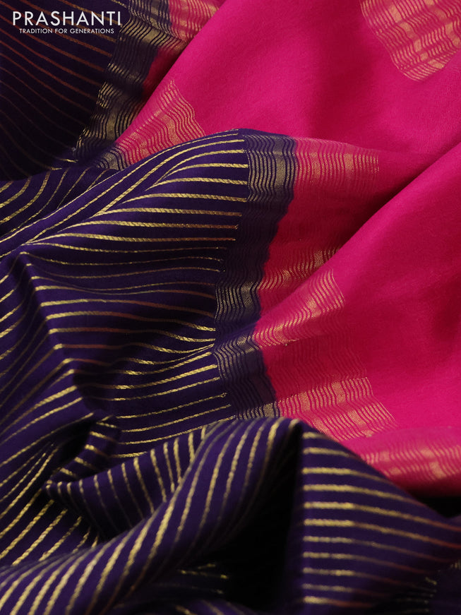 Pure mysore silk saree deep violet and magenta pink green with allover zari stripe weaves and long zari woven border