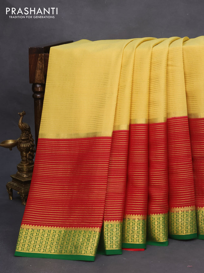 Pure mysore silk saree yellow shade and maroon green with allover zari stripe weaves and long zari woven border