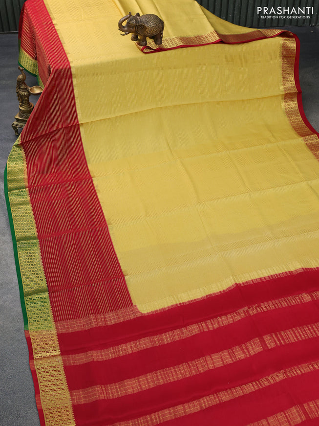 Pure mysore silk saree yellow shade and maroon green with allover zari stripe weaves and long zari woven border