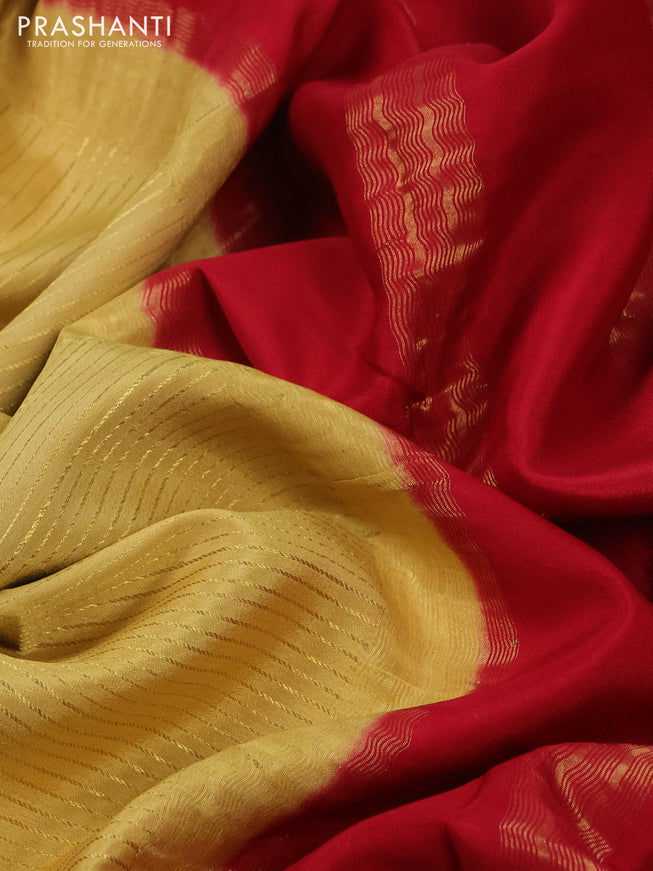 Pure mysore silk saree yellow shade and maroon green with allover zari stripe weaves and long zari woven border