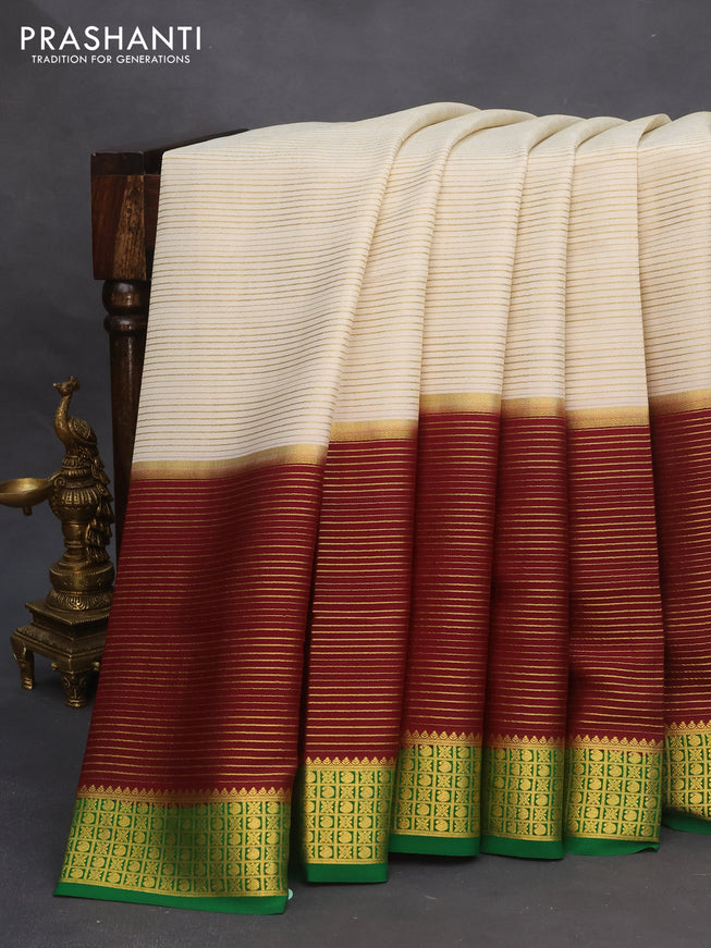 Pure mysore silk saree cream and maroon green with allover zari stripe weaves and long zari woven border