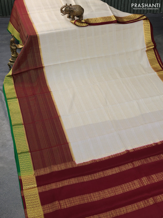 Pure mysore silk saree cream and maroon green with allover zari stripe weaves and long zari woven border