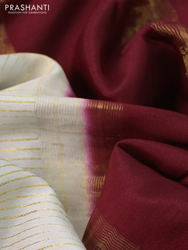 Pure mysore silk saree cream and maroon green with allover zari stripe weaves and long zari woven border