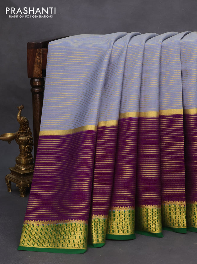 Pure mysore silk saree grey and purple green with allover zari stripe weaves and long zari woven border