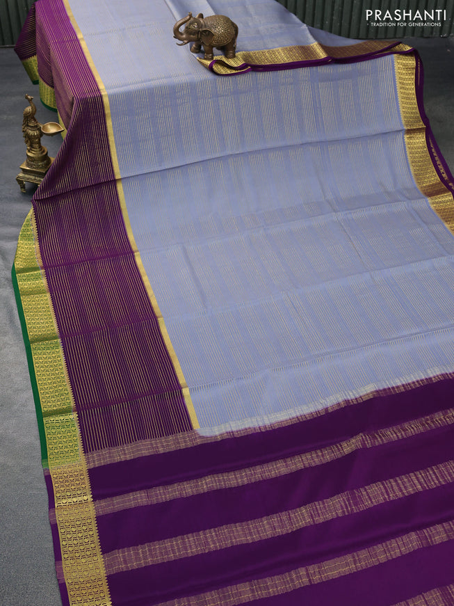 Pure mysore silk saree grey and purple green with allover zari stripe weaves and long zari woven border