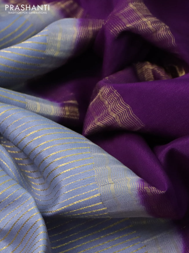 Pure mysore silk saree grey and purple green with allover zari stripe weaves and long zari woven border