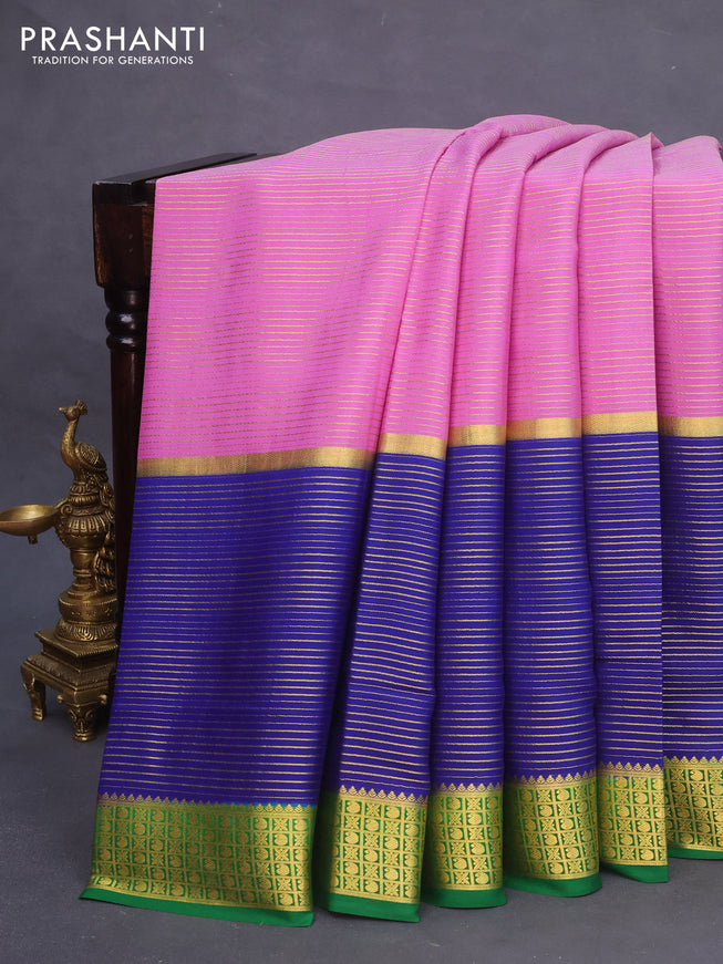 Pure mysore silk saree lavender and blue green with allover zari stripe weaves and long zari woven border