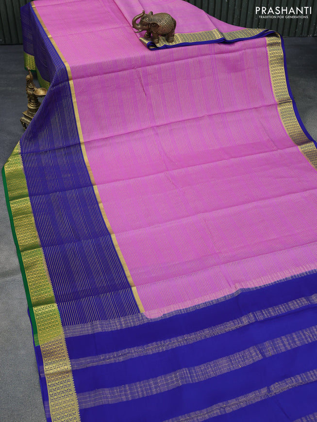 Pure mysore silk saree lavender and blue green with allover zari stripe weaves and long zari woven border