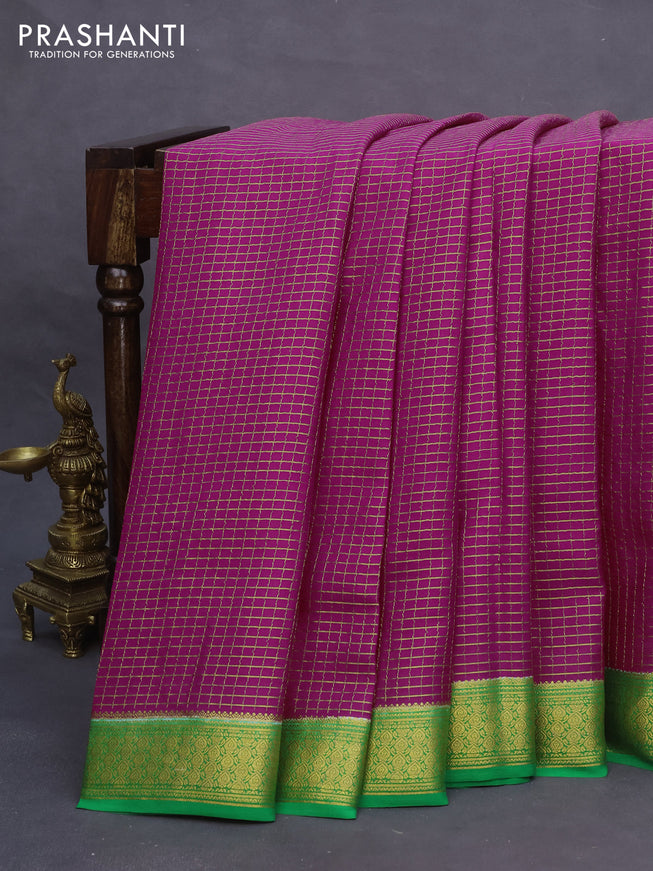 Pure mysore silk saree pink and green with allover small zari checked pattern and zari woven border