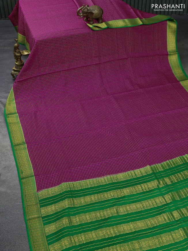 Pure mysore silk saree pink and green with allover small zari checked pattern and zari woven border