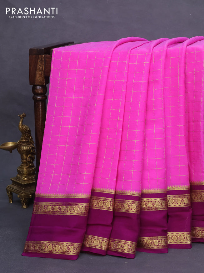 Pure mysore silk saree pink and purple with allover zari checked pattern and rettapet zari woven border