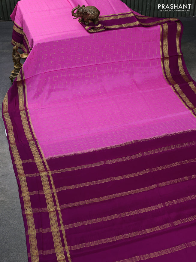 Pure mysore silk saree pink and purple with allover zari checked pattern and rettapet zari woven border