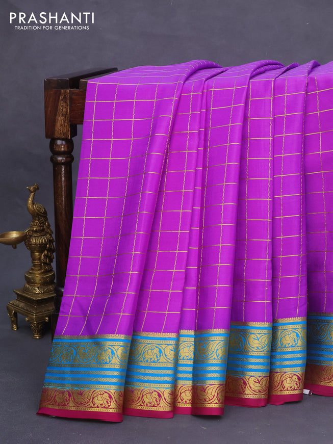 Pure mysore silk saree purple and blue pink with allover zari checked pattern and zari woven border