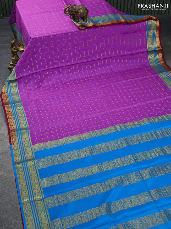 Pure mysore silk saree purple and blue pink with allover zari checked pattern and zari woven border