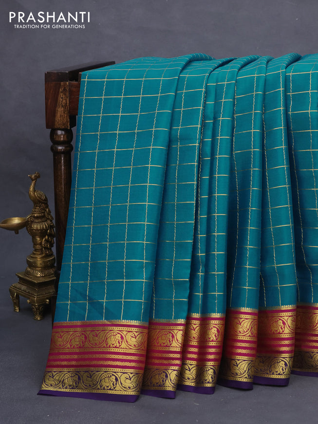 Pure mysore silk saree teal blue and magenta pink blue with allover zari checked pattern and zari woven border