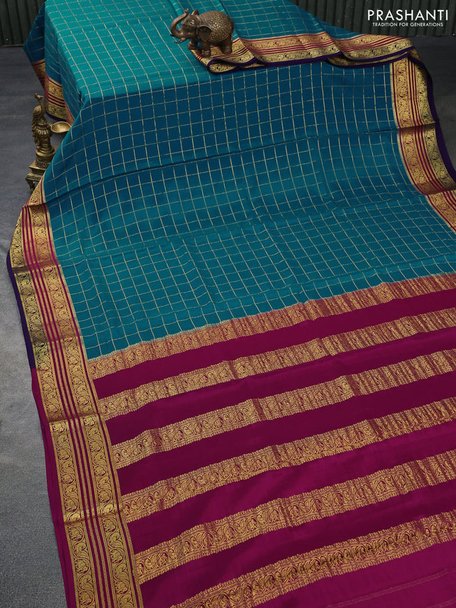 Pure mysore silk saree teal blue and magenta pink blue with allover zari checked pattern and zari woven border