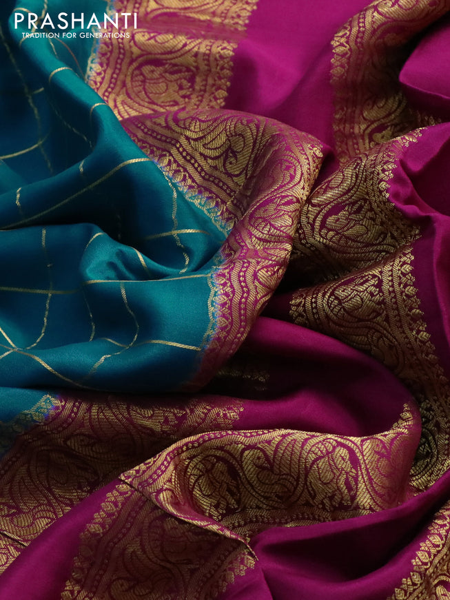 Pure mysore silk saree teal blue and magenta pink blue with allover zari checked pattern and zari woven border