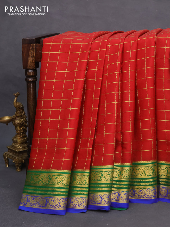 Pure mysore silk saree maroon and green blue with allover zari checked pattern and zari woven border