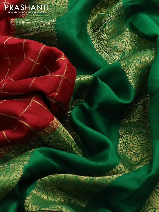 Pure mysore silk saree maroon and green blue with allover zari checked pattern and zari woven border