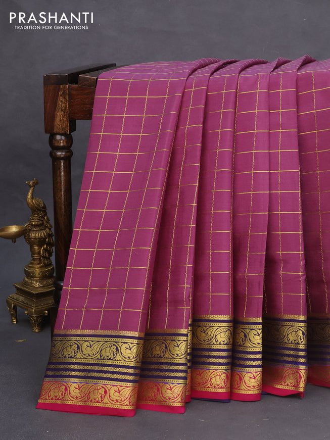 Pure mysore silk saree purple and blue pink with allover zari checked pattern and zari woven border