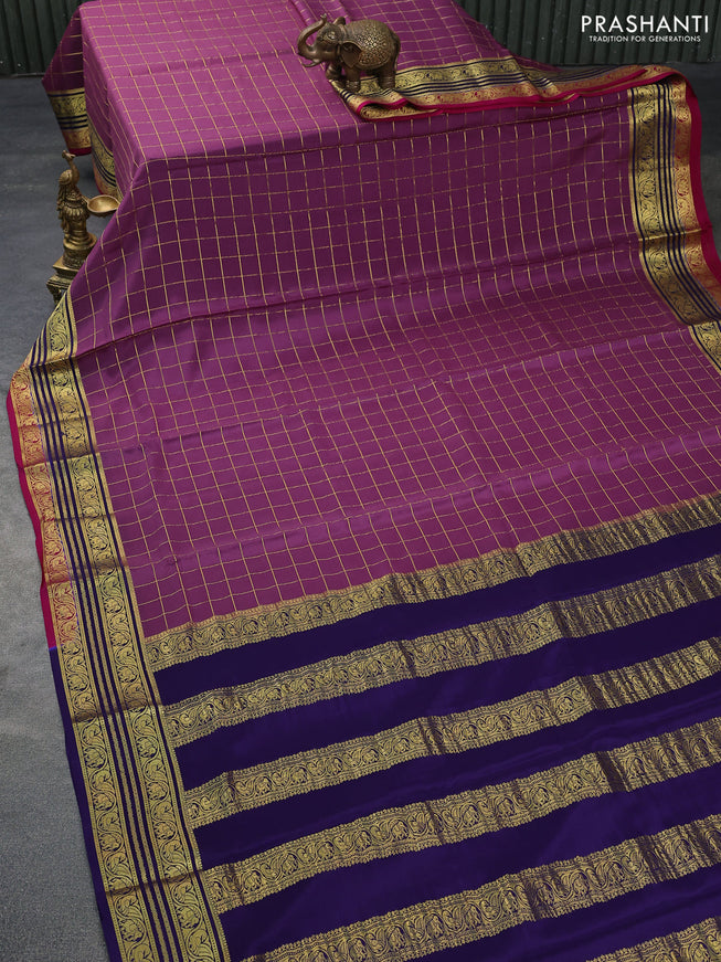 Pure mysore silk saree purple and blue pink with allover zari checked pattern and zari woven border