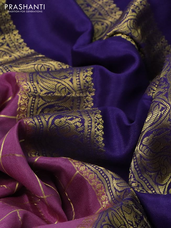 Pure mysore silk saree purple and blue pink with allover zari checked pattern and zari woven border