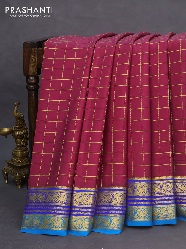 Pure mysore silk saree magenta pink and blue with allover zari checked pattern and zari woven border