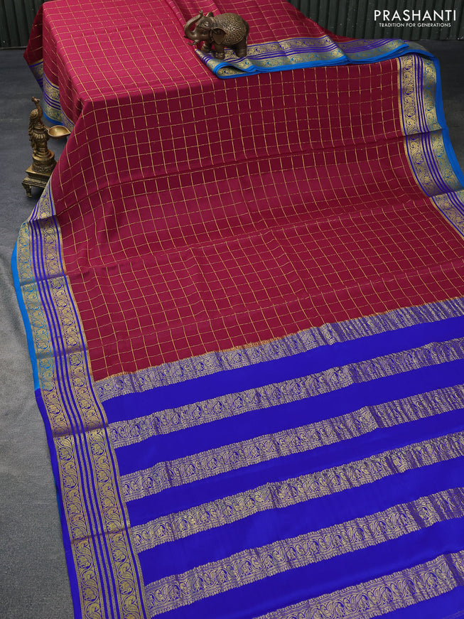 Pure mysore silk saree magenta pink and blue with allover zari checked pattern and zari woven border