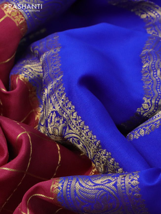 Pure mysore silk saree magenta pink and blue with allover zari checked pattern and zari woven border